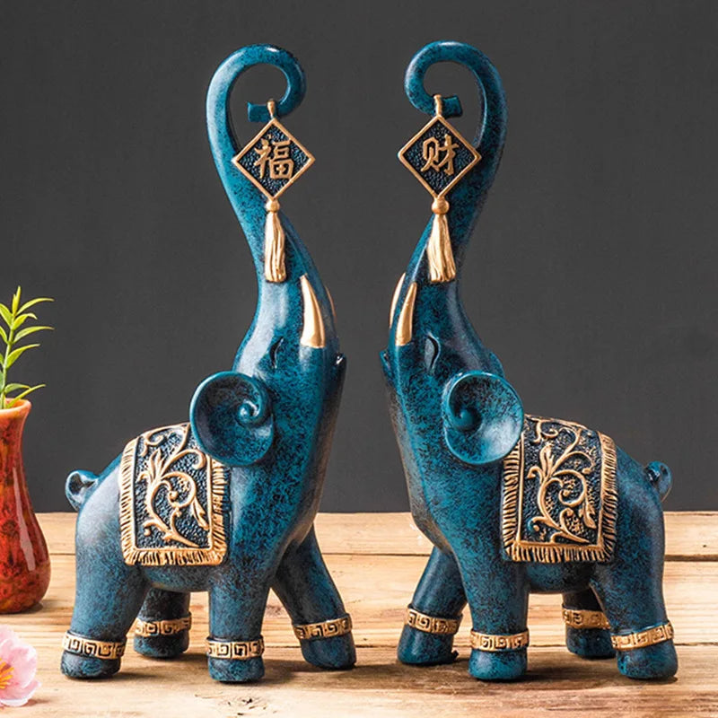One Pair Chinese Style Lucky Wealth Elephant Trunk Figurine Home Decor Animal Resin Elephant Statue Art Crafts Ornaments Gift