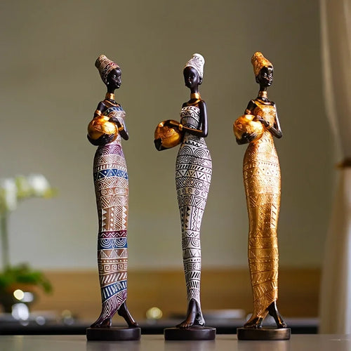 Resin Painted Black Statue Decor Figurines Retro African Women Holding Pottery Pots Home Bedroom Desktop Collection Items