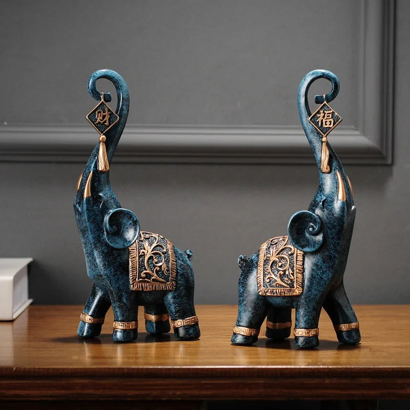 One Pair Chinese Style Lucky Wealth Elephant Trunk Figurine Home Decor Animal Resin Elephant Statue Art Crafts Ornaments Gift