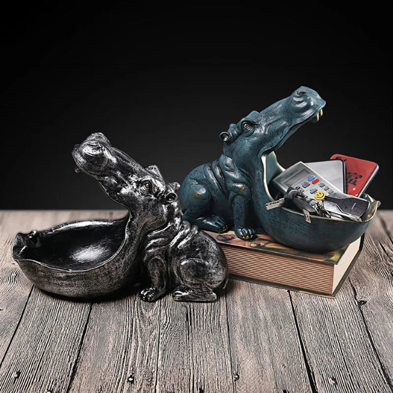 Resin Hippo Statue Sculpture Figurine Key Candy Storage Ornaments Container Decoration Home Table Decoration Accessories Gift