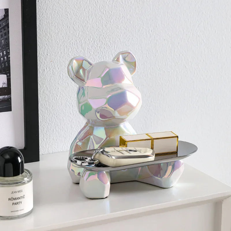 Ceramic Geometric Bear Ornament Coin Bank Home Living Room Desktop Remote Control Key Storage Tray Decorative Statue Gift