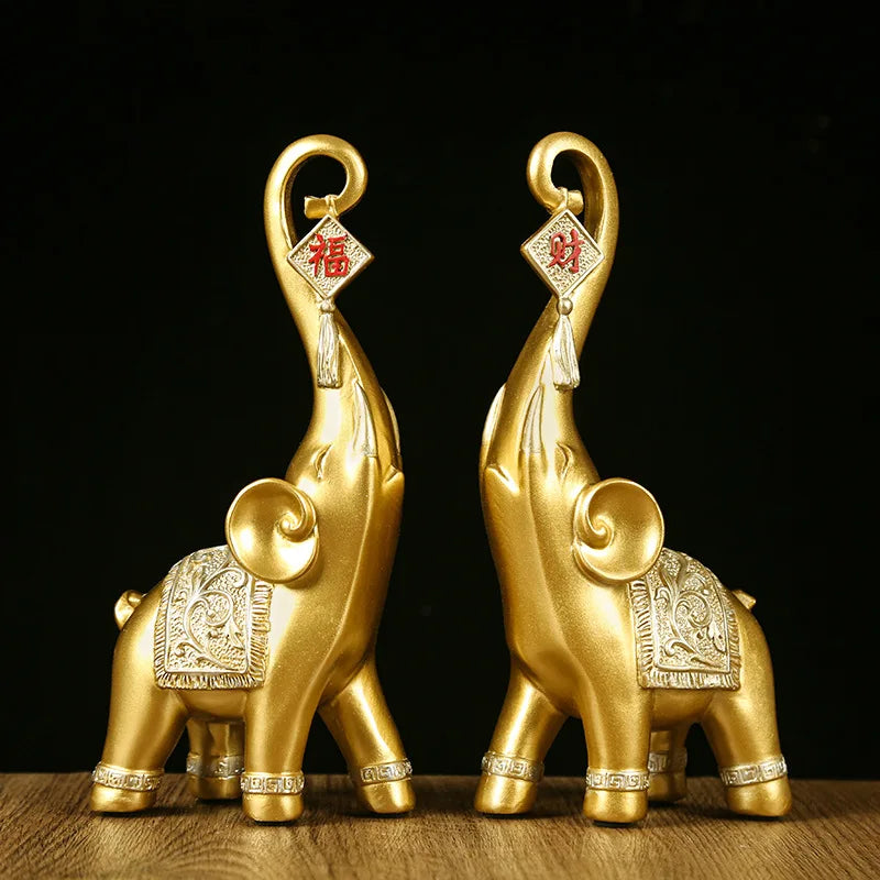 One Pair Chinese Style Lucky Wealth Elephant Trunk Figurine Home Decor Animal Resin Elephant Statue Art Crafts Ornaments Gift
