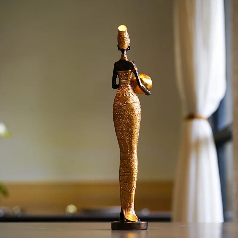 Resin Painted Black Statue Decor Figurines Retro African Women Holding Pottery Pots Home Bedroom Desktop Collection Items