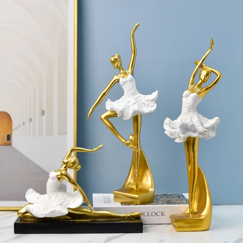 European Resin Girl Sculpture Golden Ballet Girl Knick-knacks Living Room Bookcase Kids Room Character Crafts Decoration Gifts