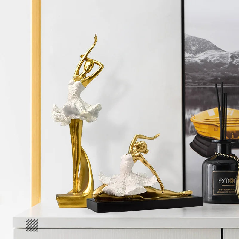 European Resin Girl Sculpture Golden Ballet Girl Knick-knacks Living Room Bookcase Kids Room Character Crafts Decoration Gifts