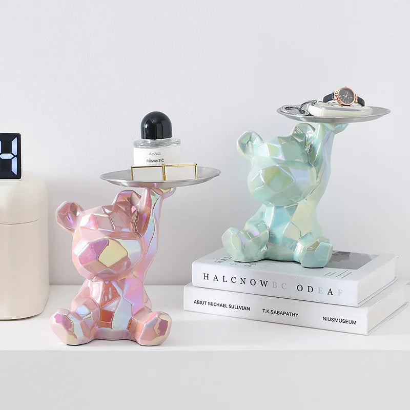 Ceramic Geometric Bear Ornament Coin Bank Home Living Room Desktop Remote Control Key Storage Tray Decorative Statue Gift
