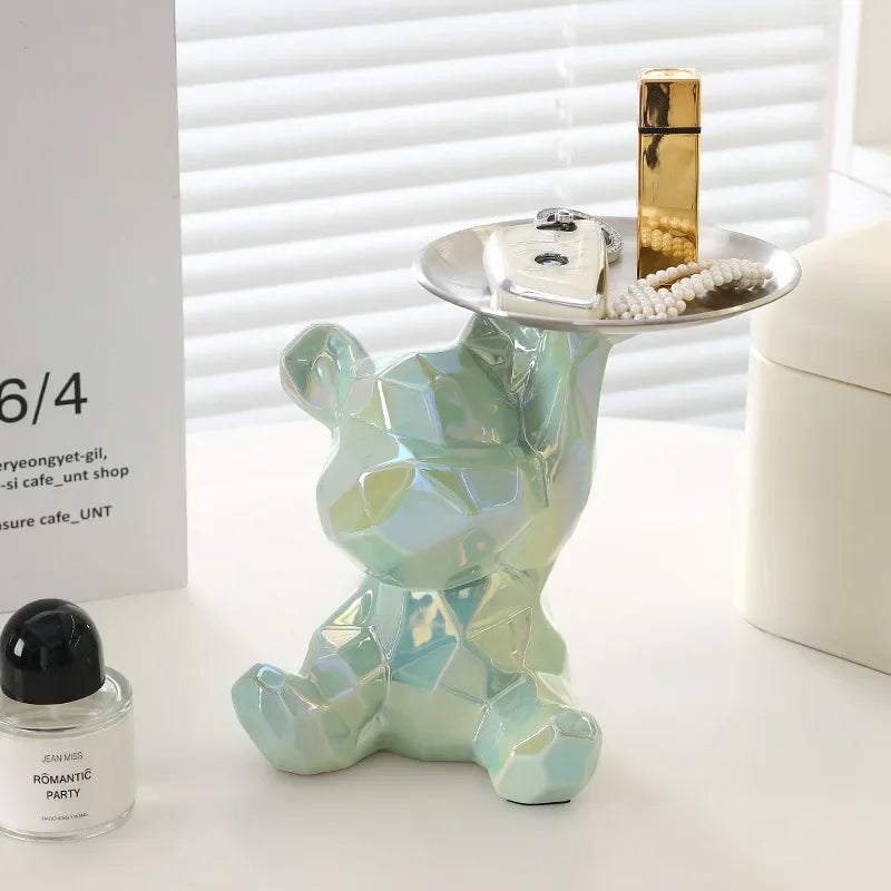 Ceramic Geometric Bear Ornament Coin Bank Home Living Room Desktop Remote Control Key Storage Tray Decorative Statue Gift