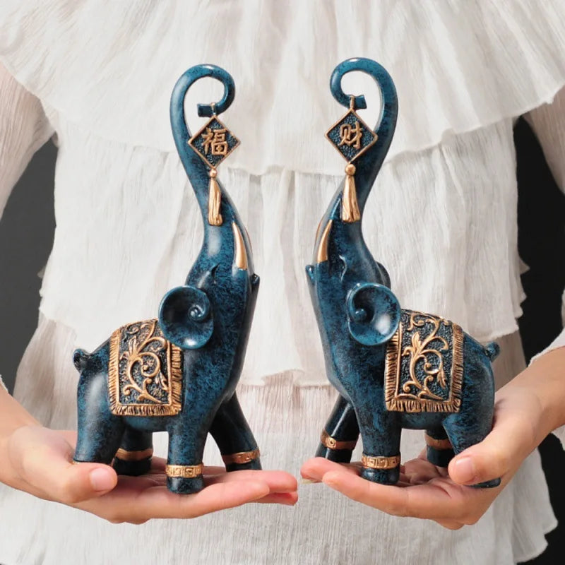 One Pair Chinese Style Lucky Wealth Elephant Trunk Figurine Home Decor Animal Resin Elephant Statue Art Crafts Ornaments Gift