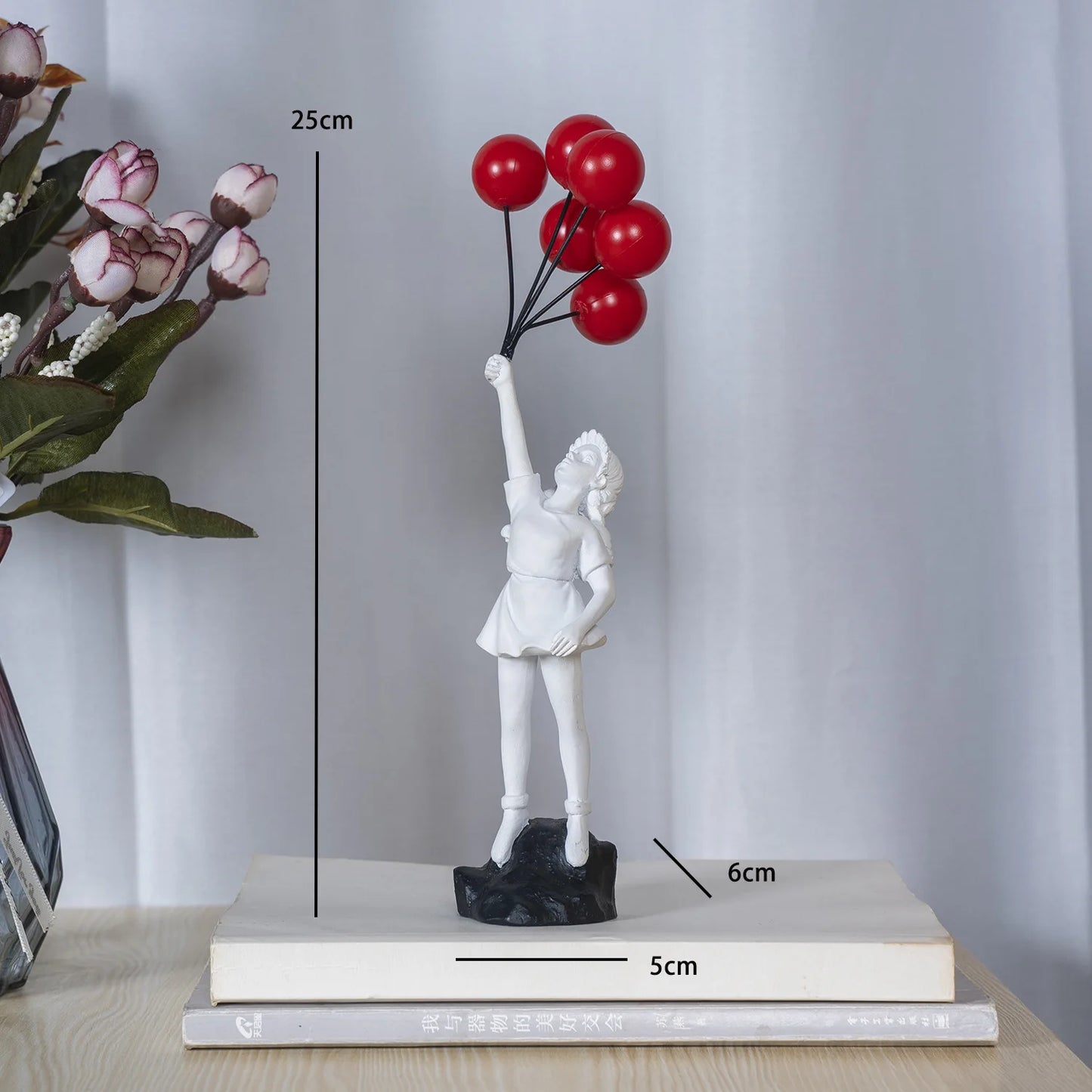 Resin Cartoon Girl Figurine Flying Love Balloon Girl Sculpture Ornaments Abstract Modern Home Desktop Study Office Decor Gift