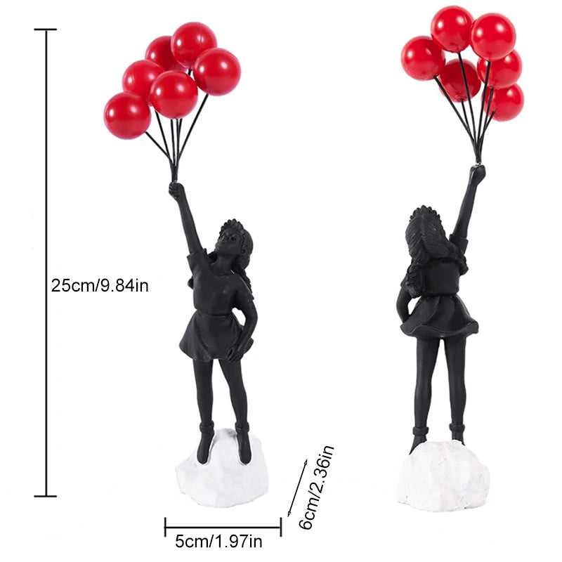 Resin Cartoon Girl Figurine Flying Love Balloon Girl Sculpture Ornaments Abstract Modern Home Desktop Study Office Decor Gift