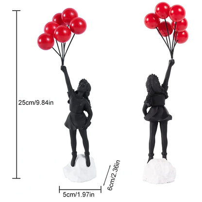 Resin Cartoon Girl Figurine Flying Love Balloon Girl Sculpture Ornaments Abstract Modern Home Desktop Study Office Decor Gift