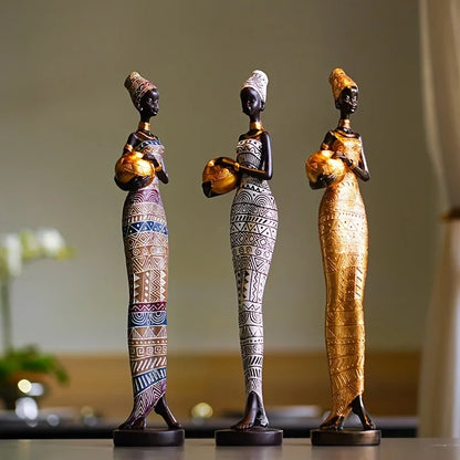 Resin Painted Black Statue Decor Figurines Retro African Women Holding Pottery Pots Home Bedroom Desktop Collection Items