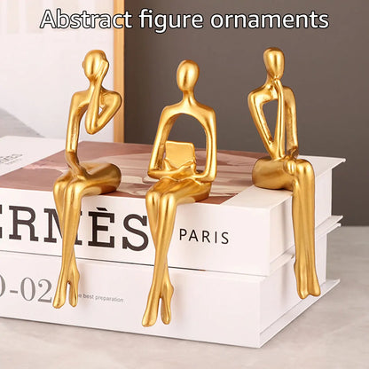 3pcs Abstract Figures Resin Statue Gold Thinker Sculpture Ornament Art Sitting Posture Character Statues Home Shelf Decorations