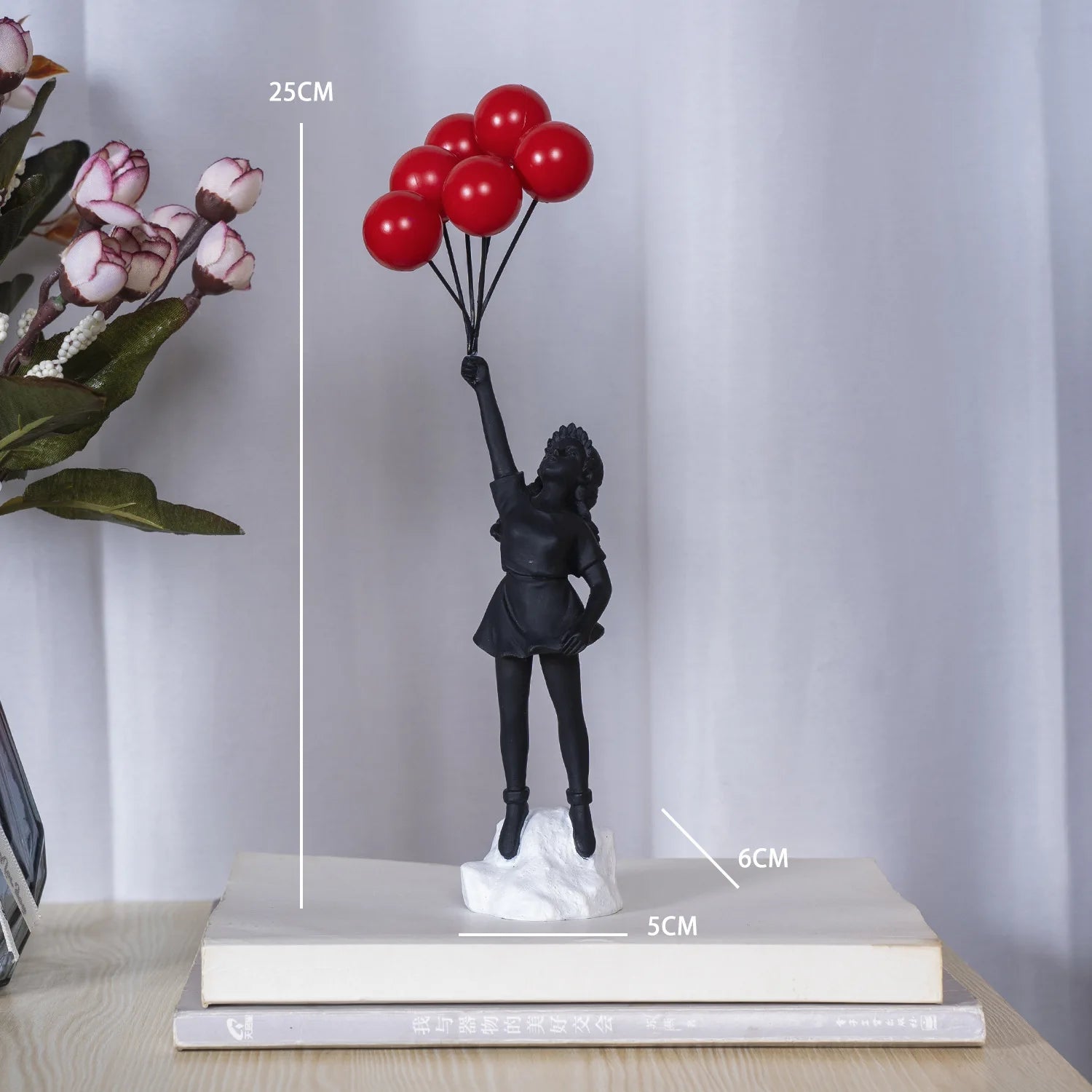 Resin Cartoon Girl Figurine Flying Love Balloon Girl Sculpture Ornaments Abstract Modern Home Desktop Study Office Decor Gift