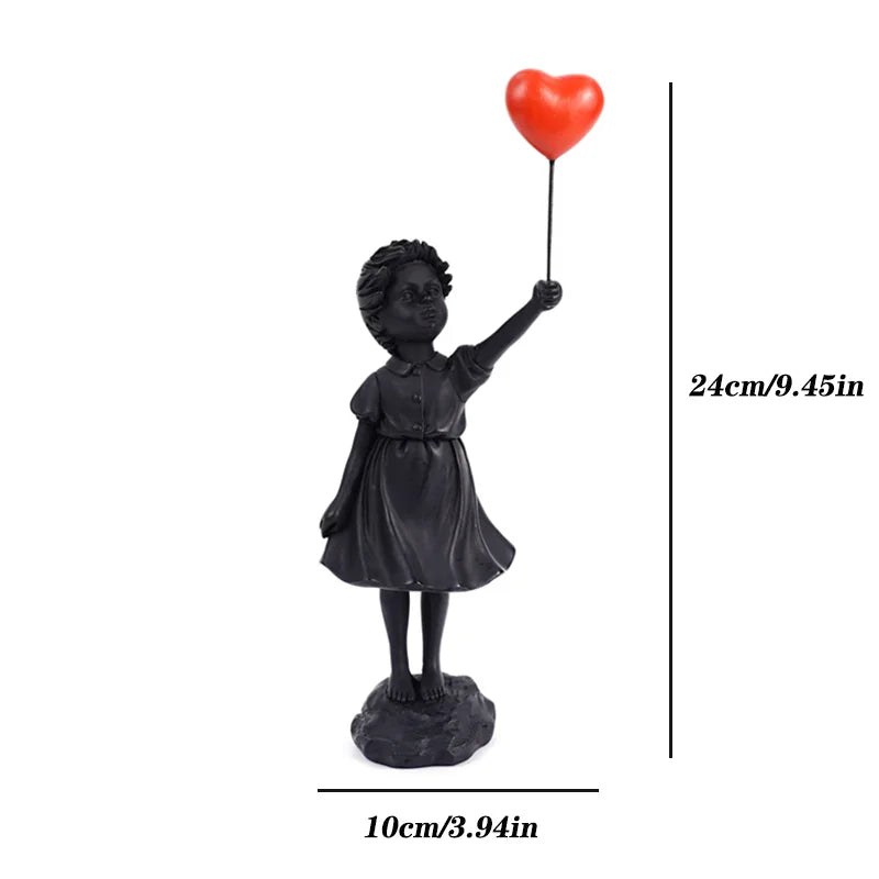 Resin Cartoon Girl Figurine Flying Love Balloon Girl Sculpture Ornaments Abstract Modern Home Desktop Study Office Decor Gift