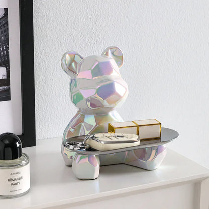 Ceramic Geometric Bear Ornament Coin Bank Home Living Room Desktop Remote Control Key Storage Tray Decorative Statue Gift
