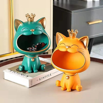Resin Crown Cat Bigmouth Cat Storage Desktop Decoration Ornament Entryway Key Snack Storage Handicrafts Animal Model Collections