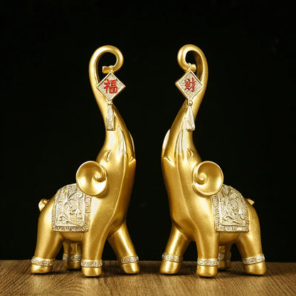 One Pair Chinese Style Lucky Wealth Elephant Trunk Figurine Home Decor Animal Resin Elephant Statue Art Crafts Ornaments Gift