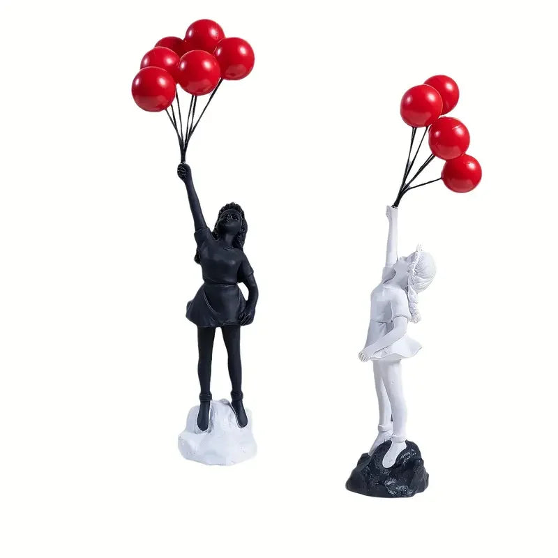 Resin Cartoon Girl Figurine Flying Love Balloon Girl Sculpture Ornaments Abstract Modern Home Desktop Study Office Decor Gift