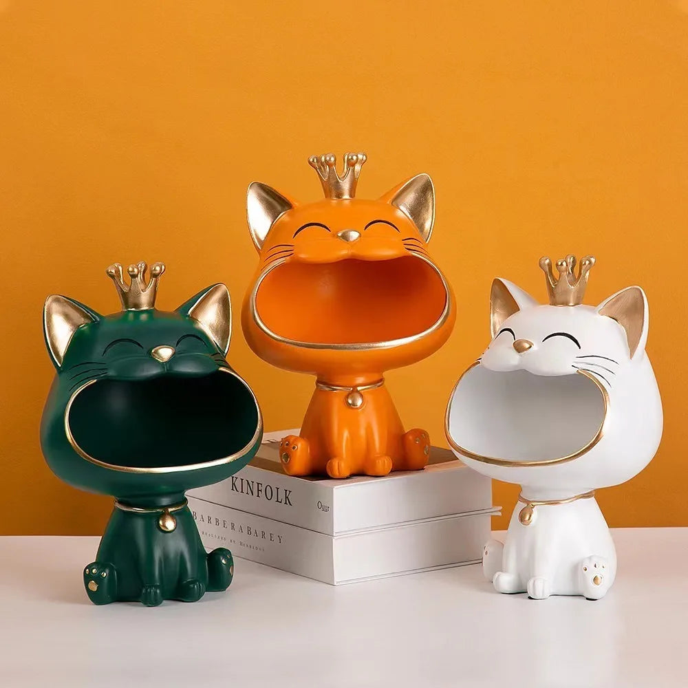 Resin Crown Cat Bigmouth Cat Storage Desktop Decoration Ornament Entryway Key Snack Storage Handicrafts Animal Model Collections