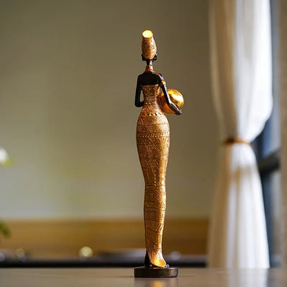 Resin Painted Black Statue Decor Figurines Retro African Women Holding Pottery Pots Home Bedroom Desktop Collection Items