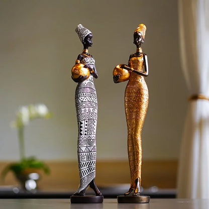 Resin Painted Black Statue Decor Figurines Retro African Women Holding Pottery Pots Home Bedroom Desktop Collection Items