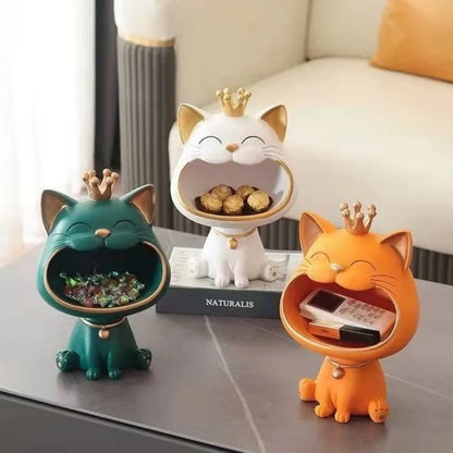 Resin Crown Cat Bigmouth Cat Storage Desktop Decoration Ornament Entryway Key Snack Storage Handicrafts Animal Model Collections
