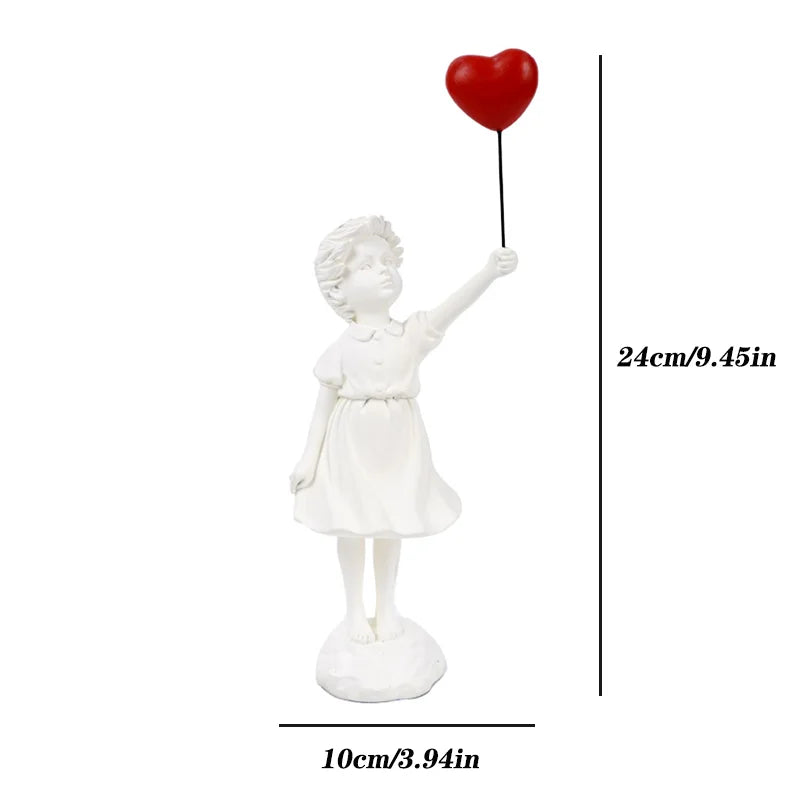Resin Cartoon Girl Figurine Flying Love Balloon Girl Sculpture Ornaments Abstract Modern Home Desktop Study Office Decor Gift