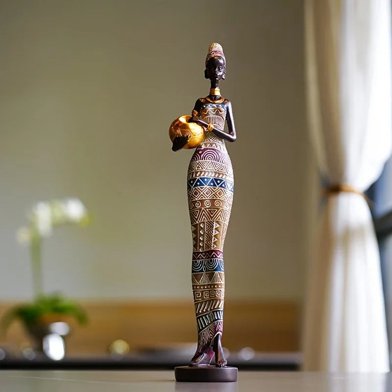 Resin Painted Black Statue Decor Figurines Retro African Women Holding Pottery Pots Home Bedroom Desktop Collection Items