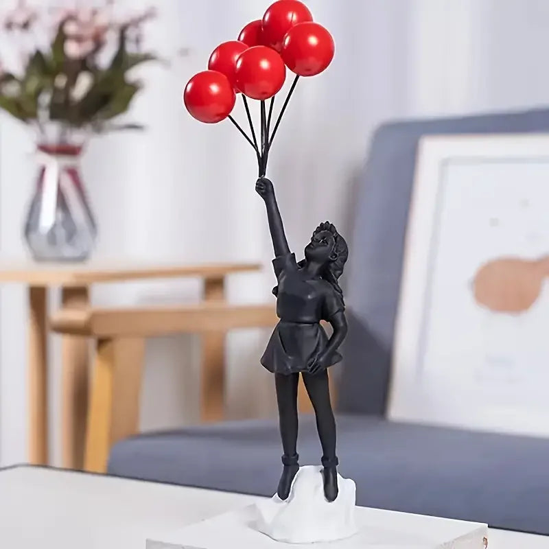 Resin Cartoon Girl Figurine Flying Love Balloon Girl Sculpture Ornaments Abstract Modern Home Desktop Study Office Decor Gift