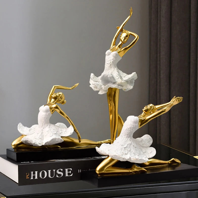 European Resin Girl Sculpture Golden Ballet Girl Knick-knacks Living Room Bookcase Kids Room Character Crafts Decoration Gifts